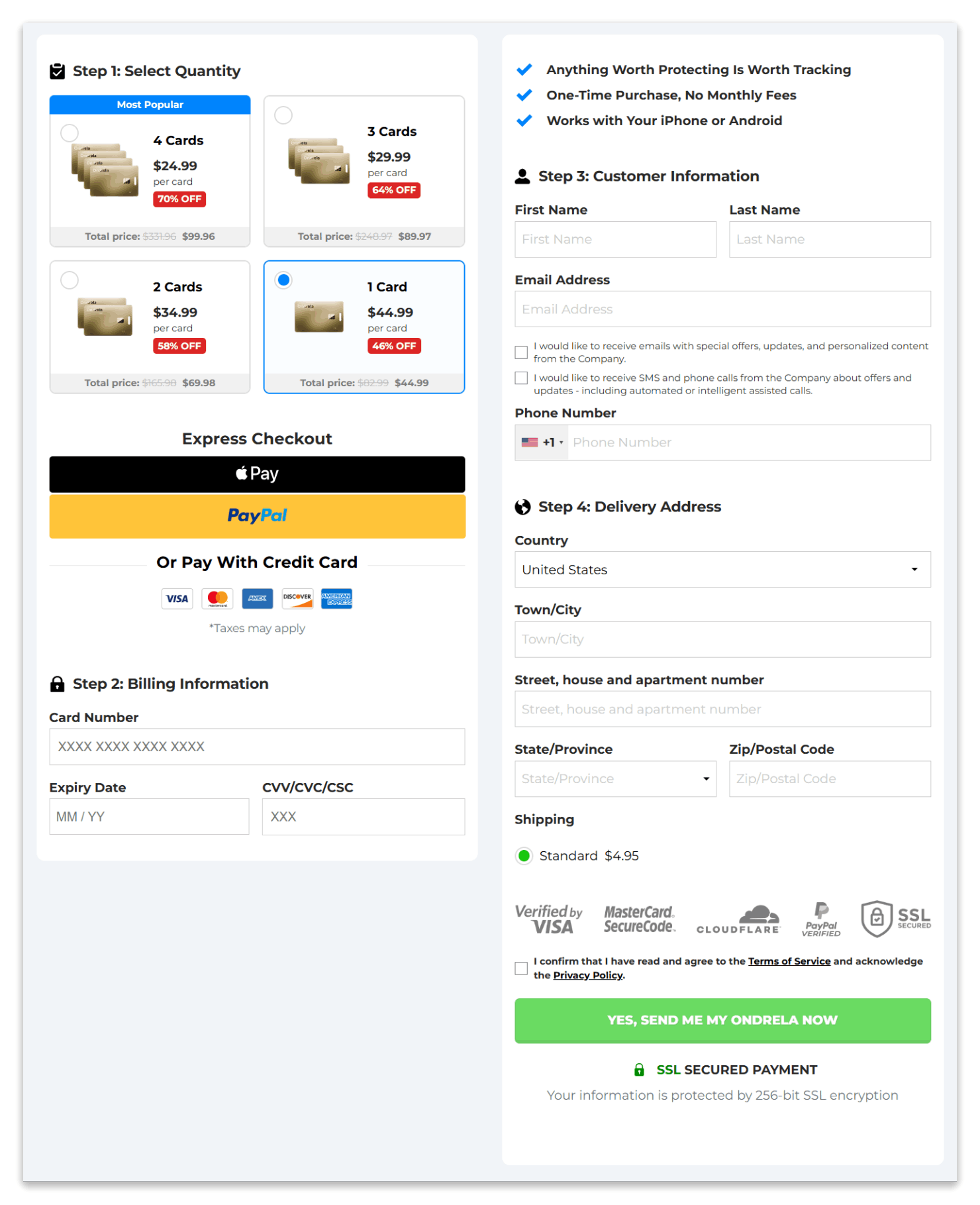 Ondrela Smart Tracker checkout page